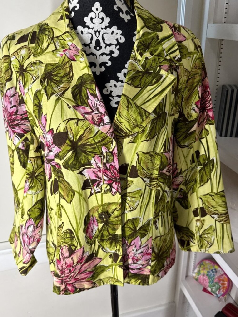 Vtg DONNA TORAN Lined Linen Blazer Jacket 14 Multicolored Floral Classic Summer